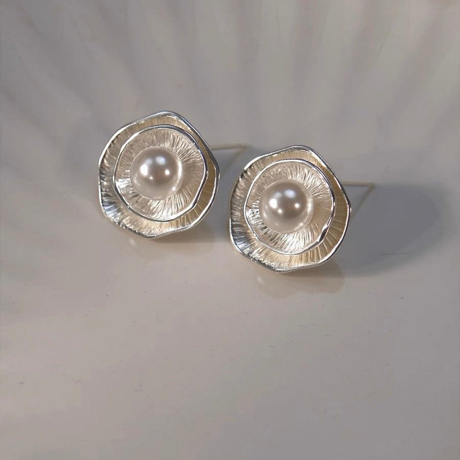 Silver Petal Pearl Stud Earrings