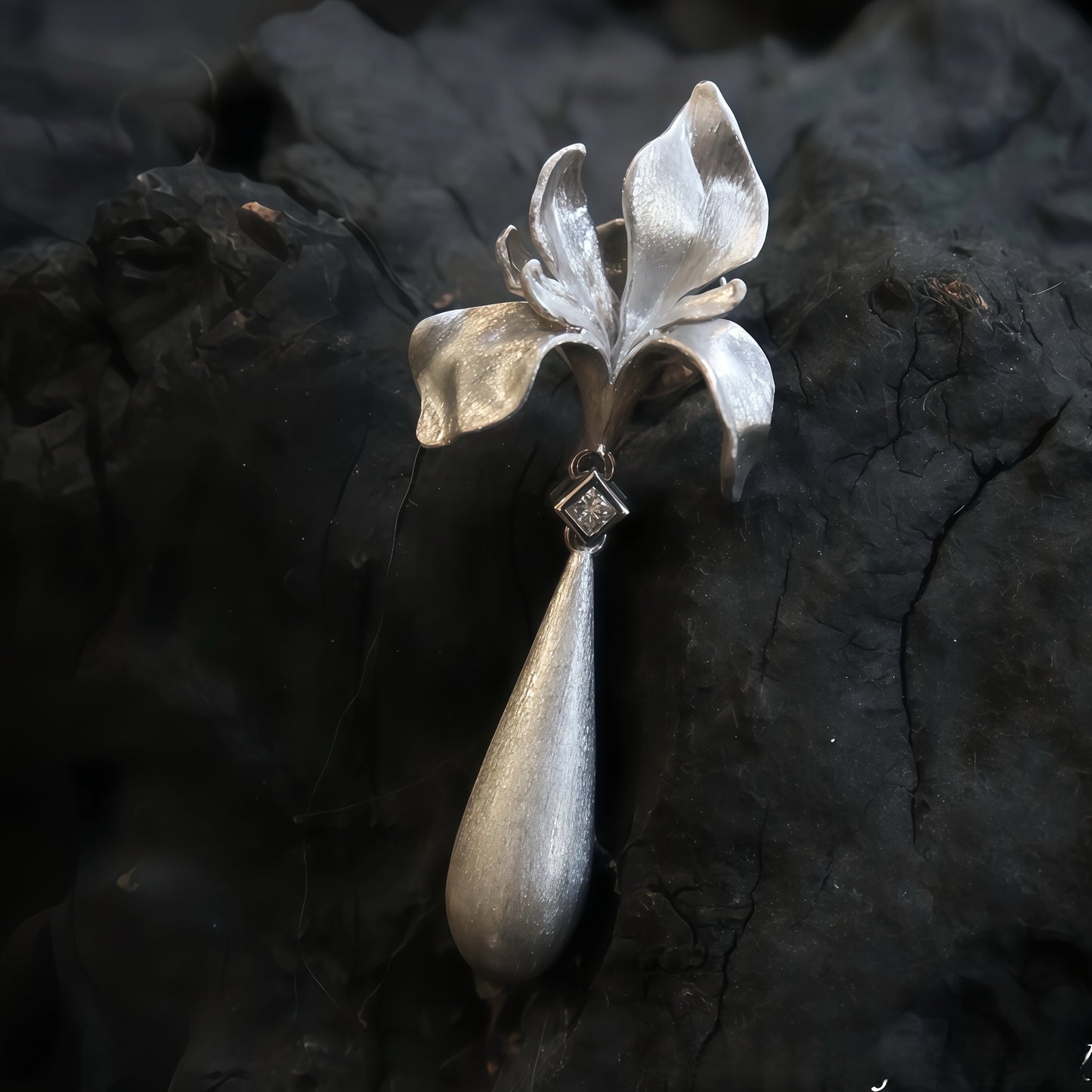 Iris Dew Drop Earrings – Sculpted Silver Floral Earrings