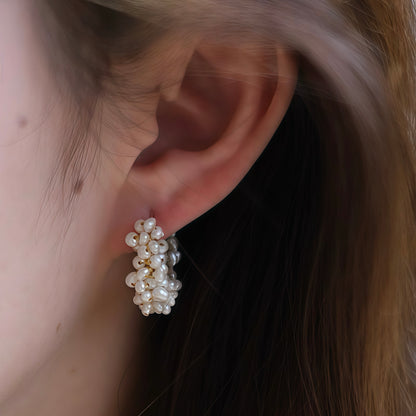 Golden Cluster Pearl Hoop Earrings