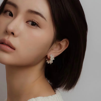Golden Cluster Pearl Hoop Earrings