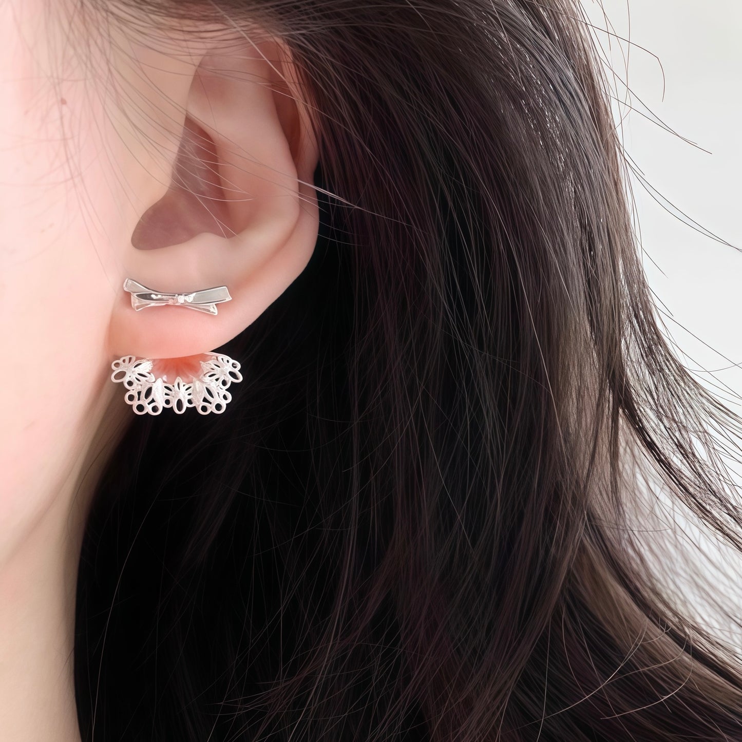 Silver Ribbon Lace Skirt Earrings (2-in-1 Style)