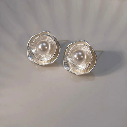 Silver Petal Pearl Stud Earrings