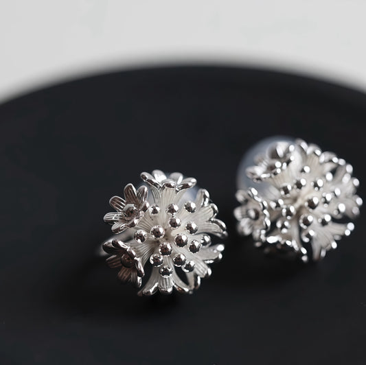 Frosted Bloom Earrings — Sculptural Silver Floral Studs