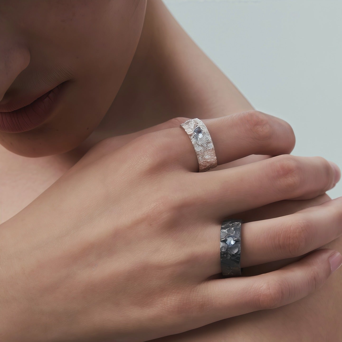 Aurora Crest Ring — Textured Silver with Ice-Blue Gem