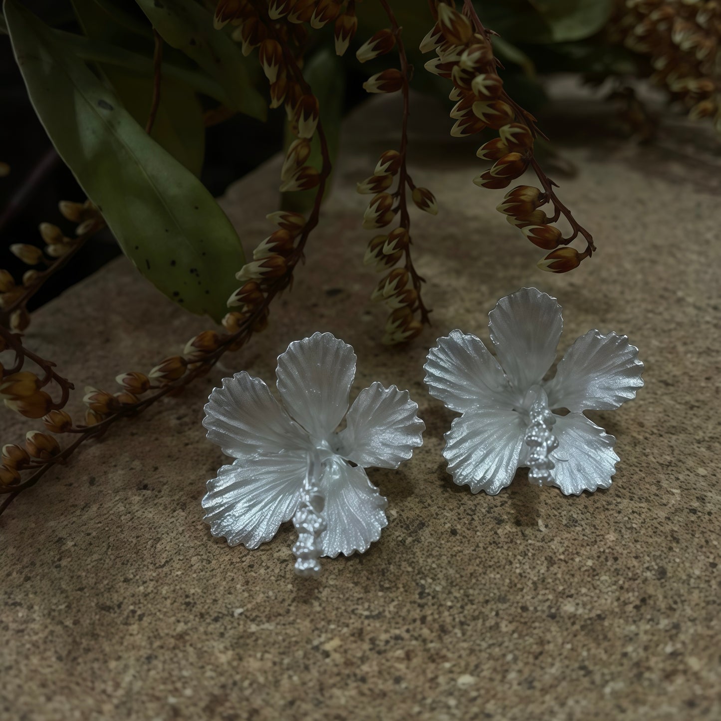 Silver Hibiscus Drop Earrings