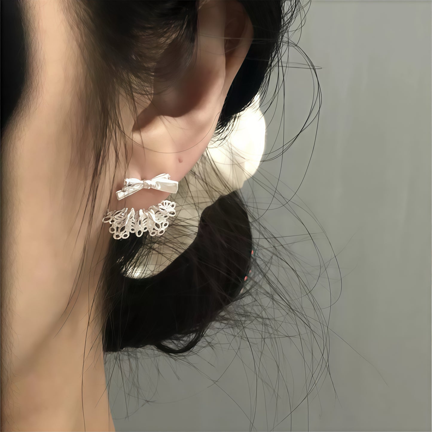 Silver Ribbon Lace Skirt Earrings (2-in-1 Style)
