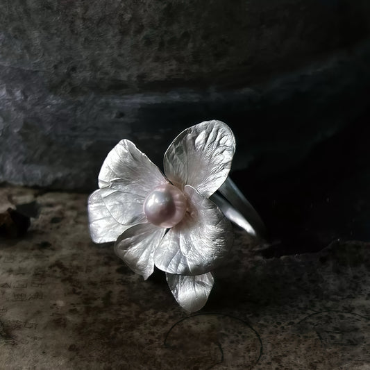 Silver Bloom Pearl Ring – Handcrafted Sculptural Statement Ring