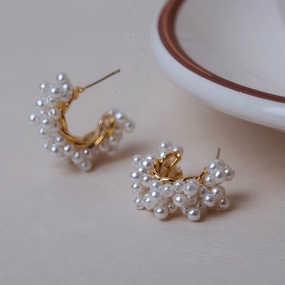 Golden Cluster Pearl Hoop Earrings