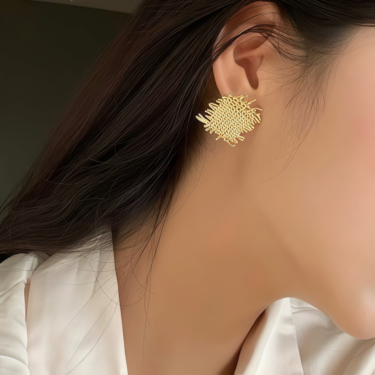 Golden Threadwork Studs – Textured Gold Statement Earrings