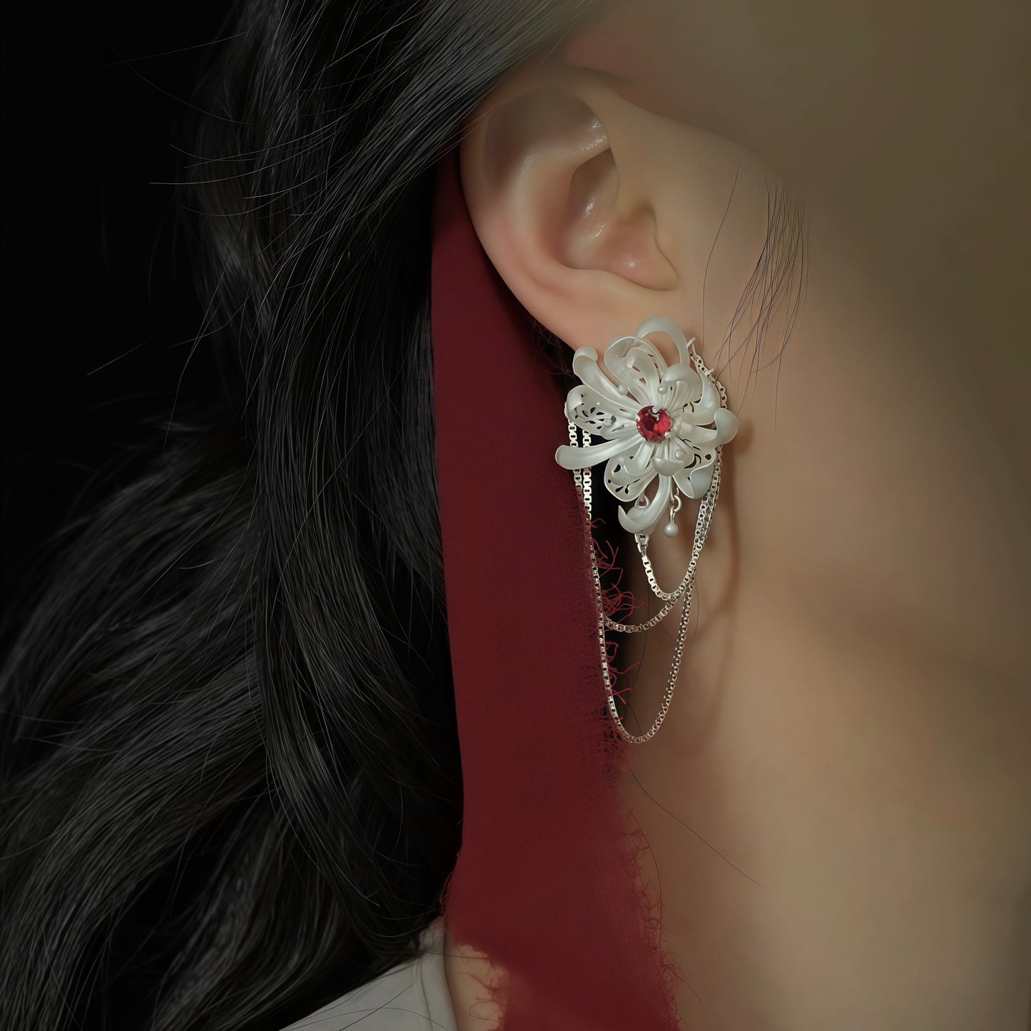 Poetic Bloom Earrings – Silver Floral Statement Earrings with Chain Drapes