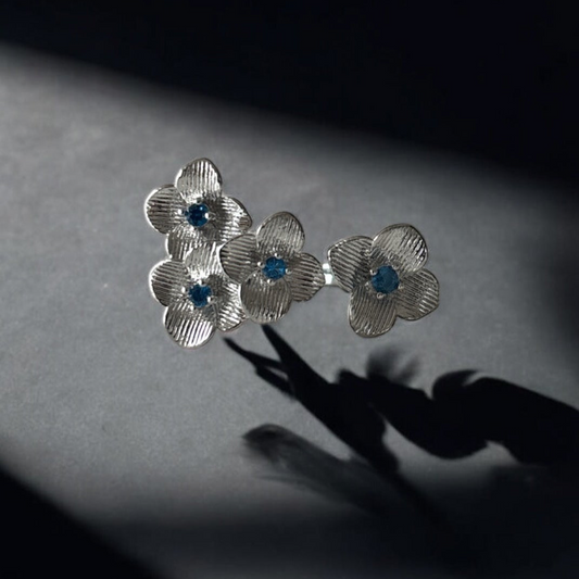 Blue Blossom Trio Ring – Sterling Silver Floral Statement Ring
