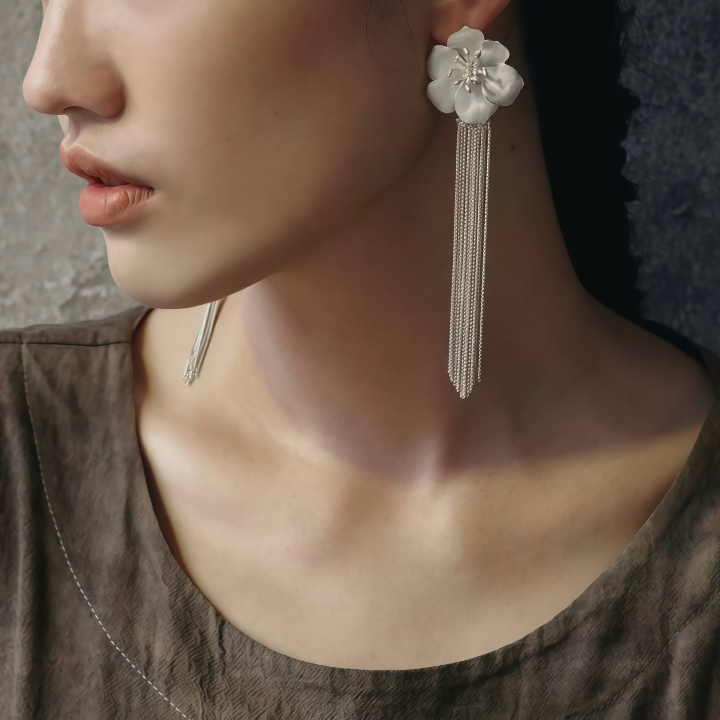 White Blossom Tassel Earrings (2-in-1 Style)