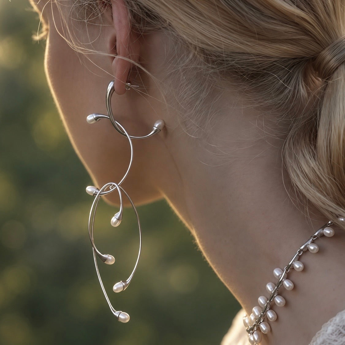 Silver Vine Pearl Earrings