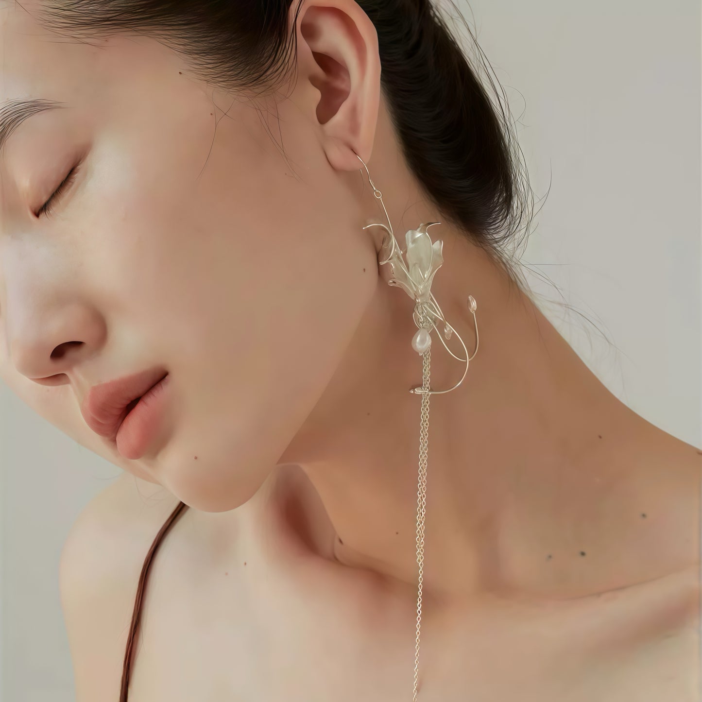 Sculptural Lily Pearl Drop Earrings