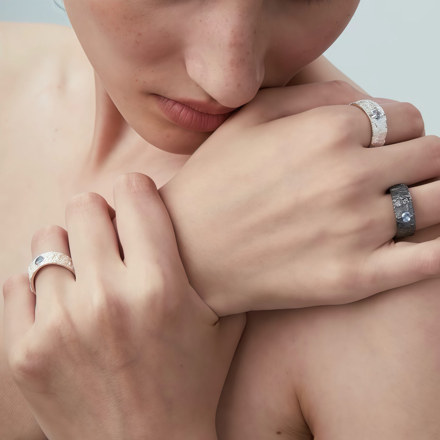 Aurora Crest Ring — Textured Silver with Ice-Blue Gem