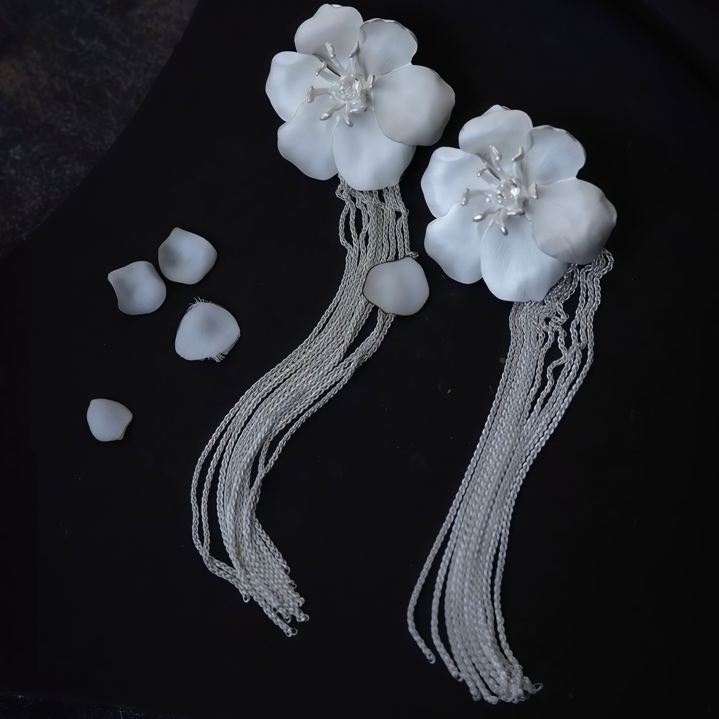 White Blossom Tassel Earrings (2-in-1 Style)