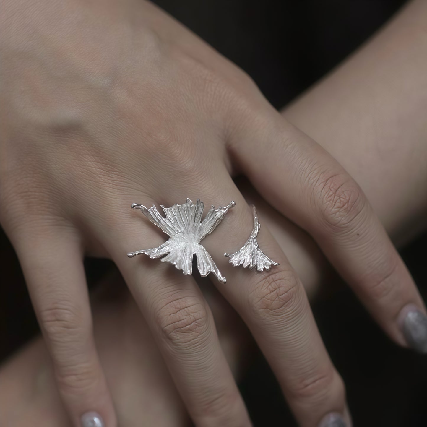 Butterfly & Leaf Adjustable Silver Ring