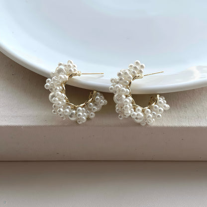 Golden Cluster Pearl Hoop Earrings