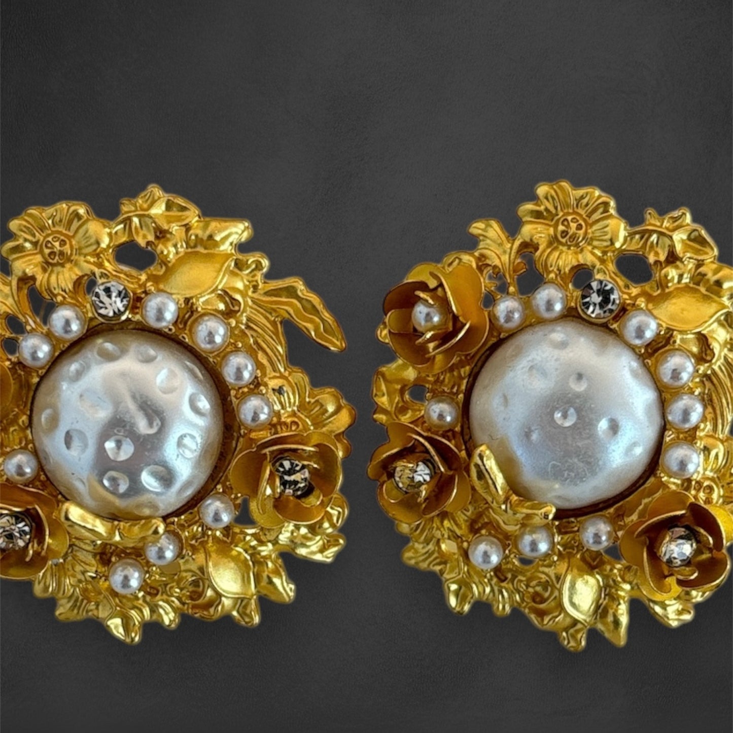 Garden Muse Earrings – Vintage Gold Floral Studs with Pearl Center