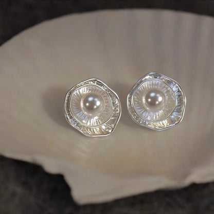 Silver Petal Pearl Stud Earrings