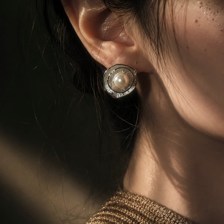 Silver Petal Pearl Stud Earrings