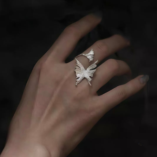 Butterfly & Leaf Adjustable Silver Ring