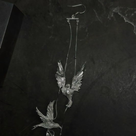 “Flight of Souls” – Sterling Silver Long Bird Earrings