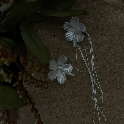 Silver Hibiscus Drop Earrings