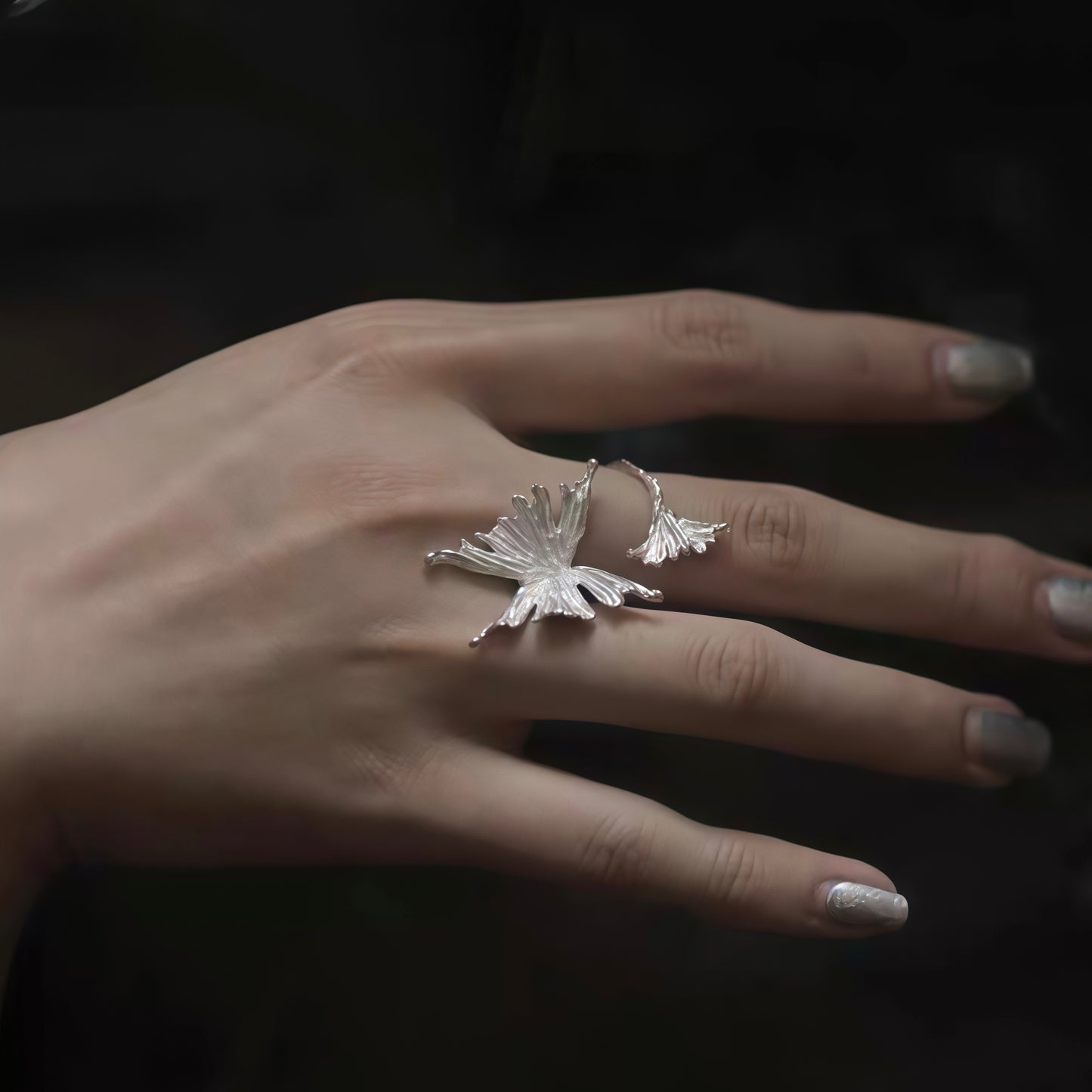 Butterfly & Leaf Adjustable Silver Ring