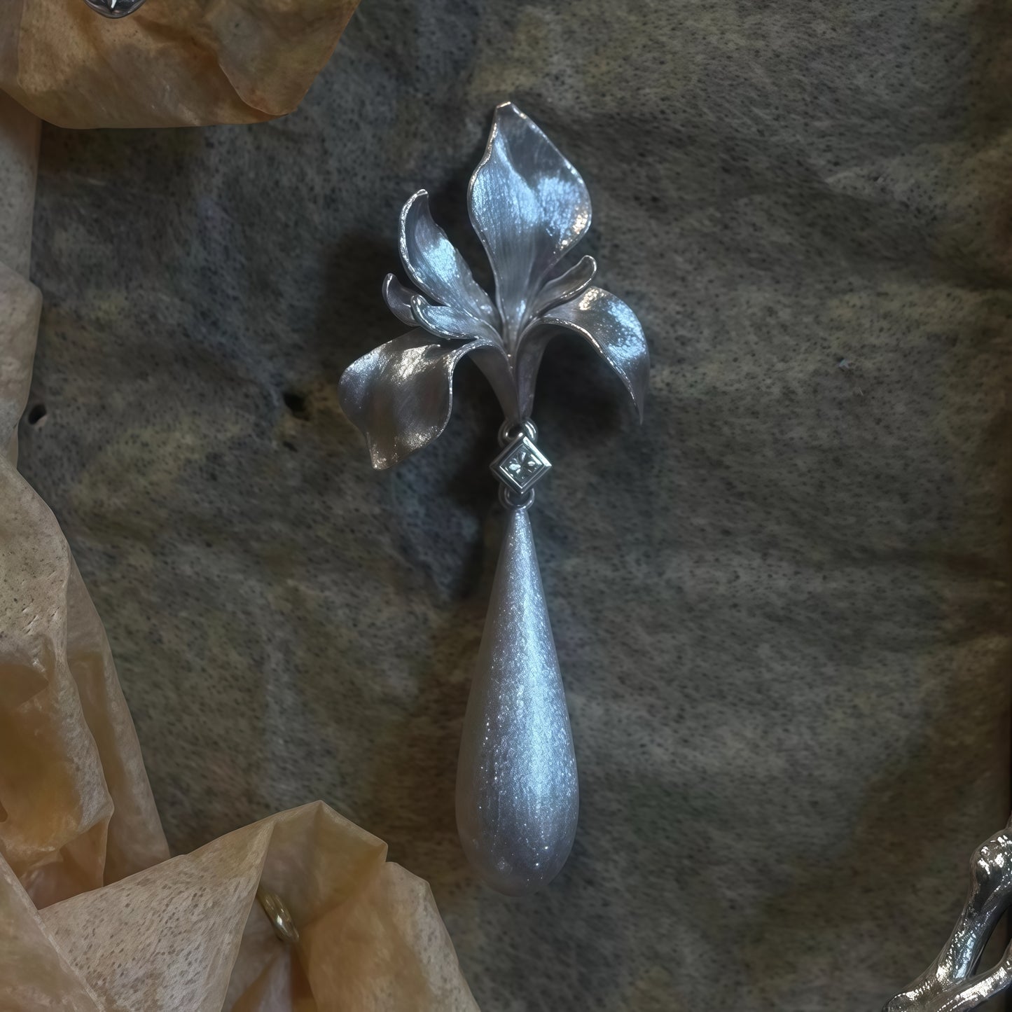 Iris Dew Drop Earrings – Sculpted Silver Floral Earrings