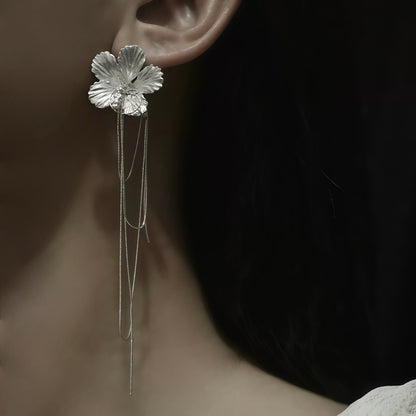 Silver Hibiscus Drop Earrings