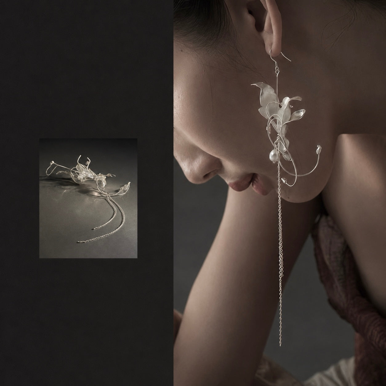 Sculptural Lily Pearl Drop Earrings