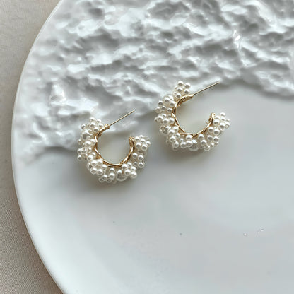 Golden Cluster Pearl Hoop Earrings