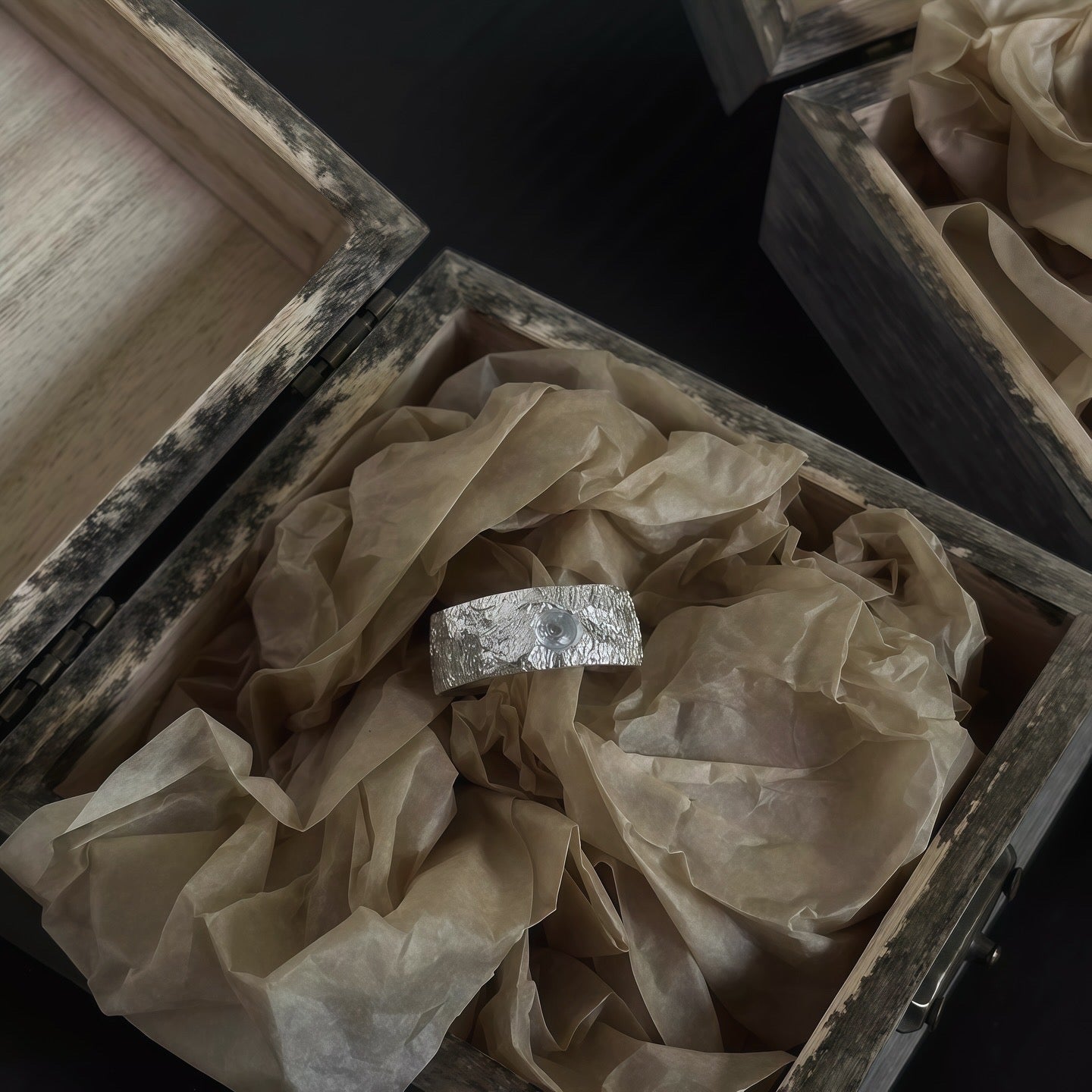 Aurora Crest Ring — Textured Silver with Ice-Blue Gem