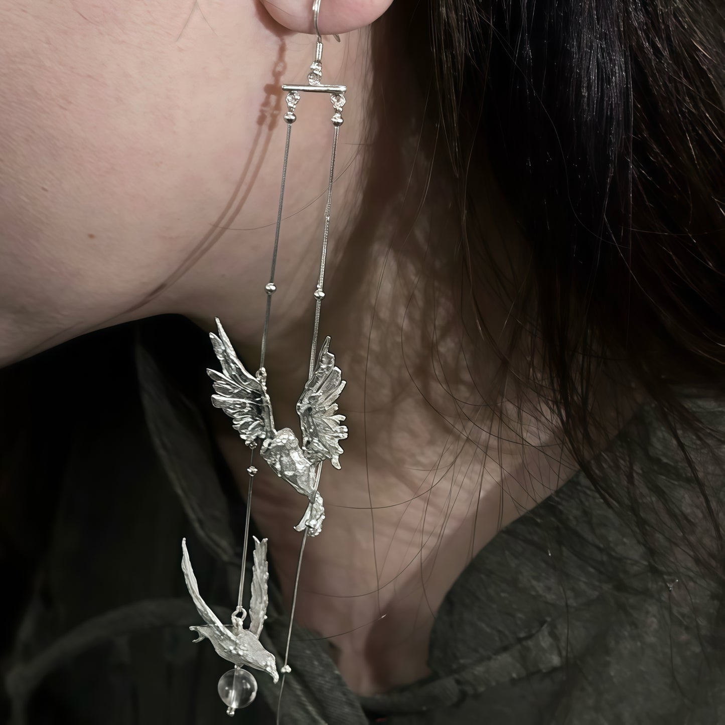 “Flight of Souls” – Sterling Silver Long Bird Earrings