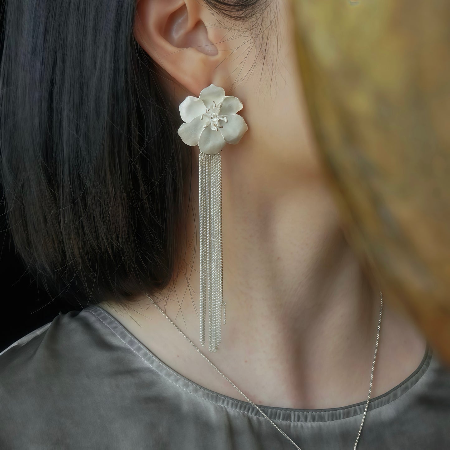 White Blossom Tassel Earrings (2-in-1 Style)