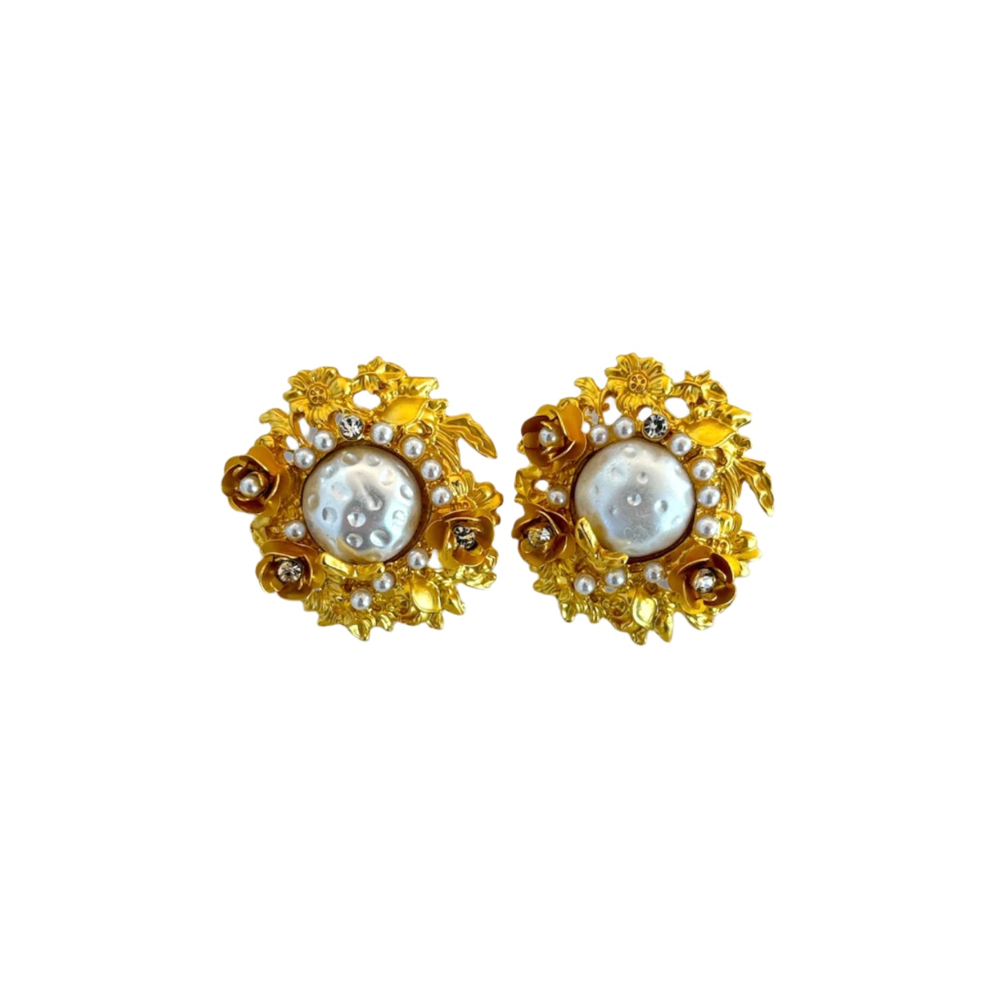 Garden Muse Earrings – Vintage Gold Floral Studs with Pearl Center