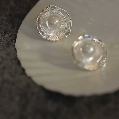 Silver Petal Pearl Stud Earrings