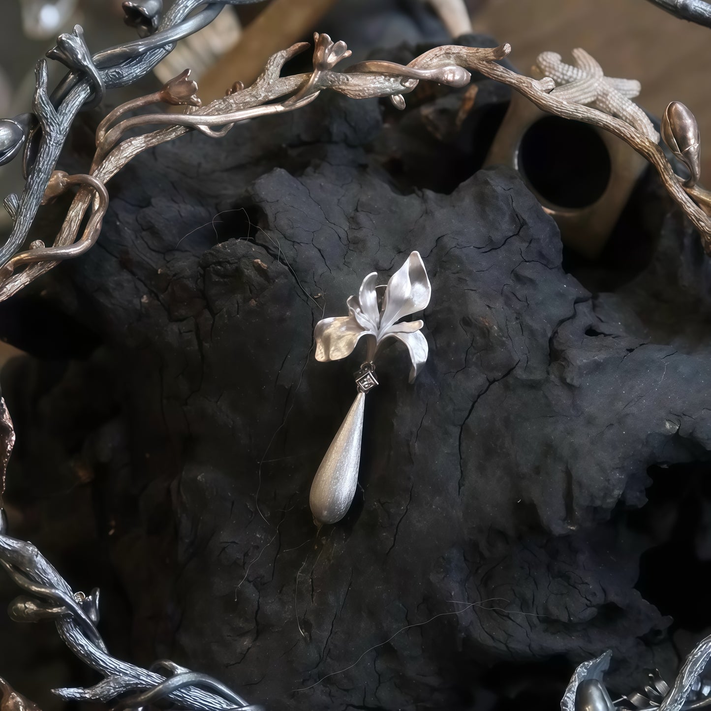 Iris Dew Drop Earrings – Sculpted Silver Floral Earrings