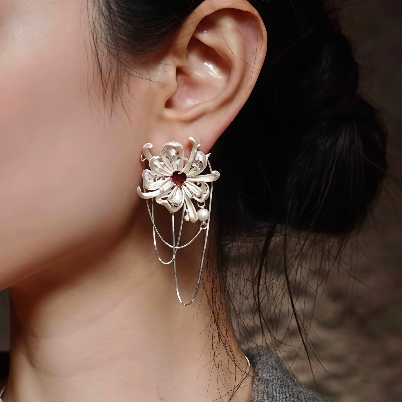 Poetic Bloom Earrings – Silver Floral Statement Earrings with Chain Drapes