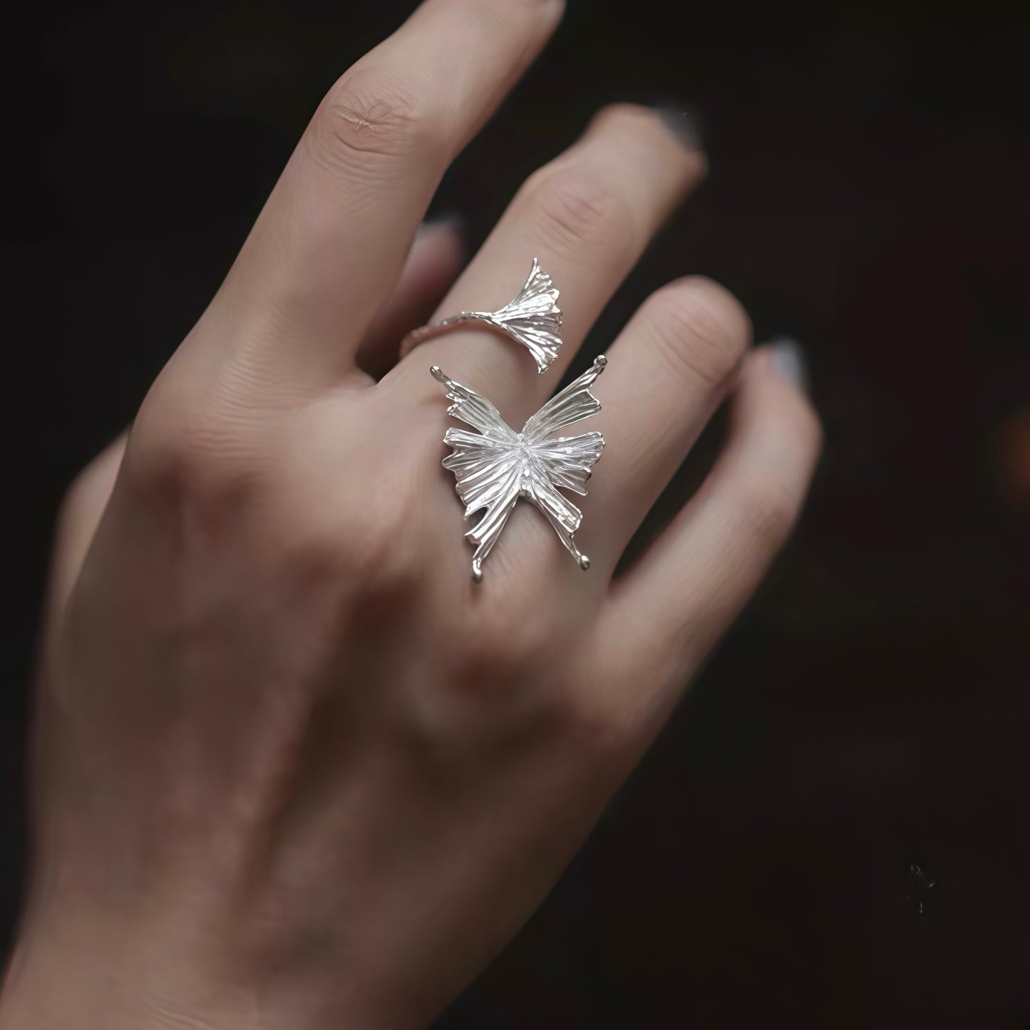 Butterfly & Leaf Adjustable Silver Ring