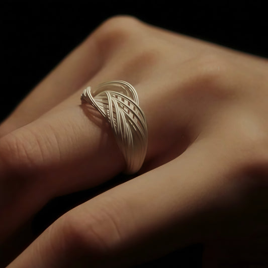 Interwoven Silver Statement Ring – Modern Sculptural Design