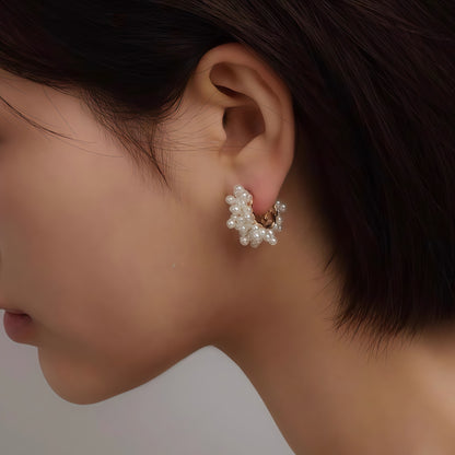Golden Cluster Pearl Hoop Earrings