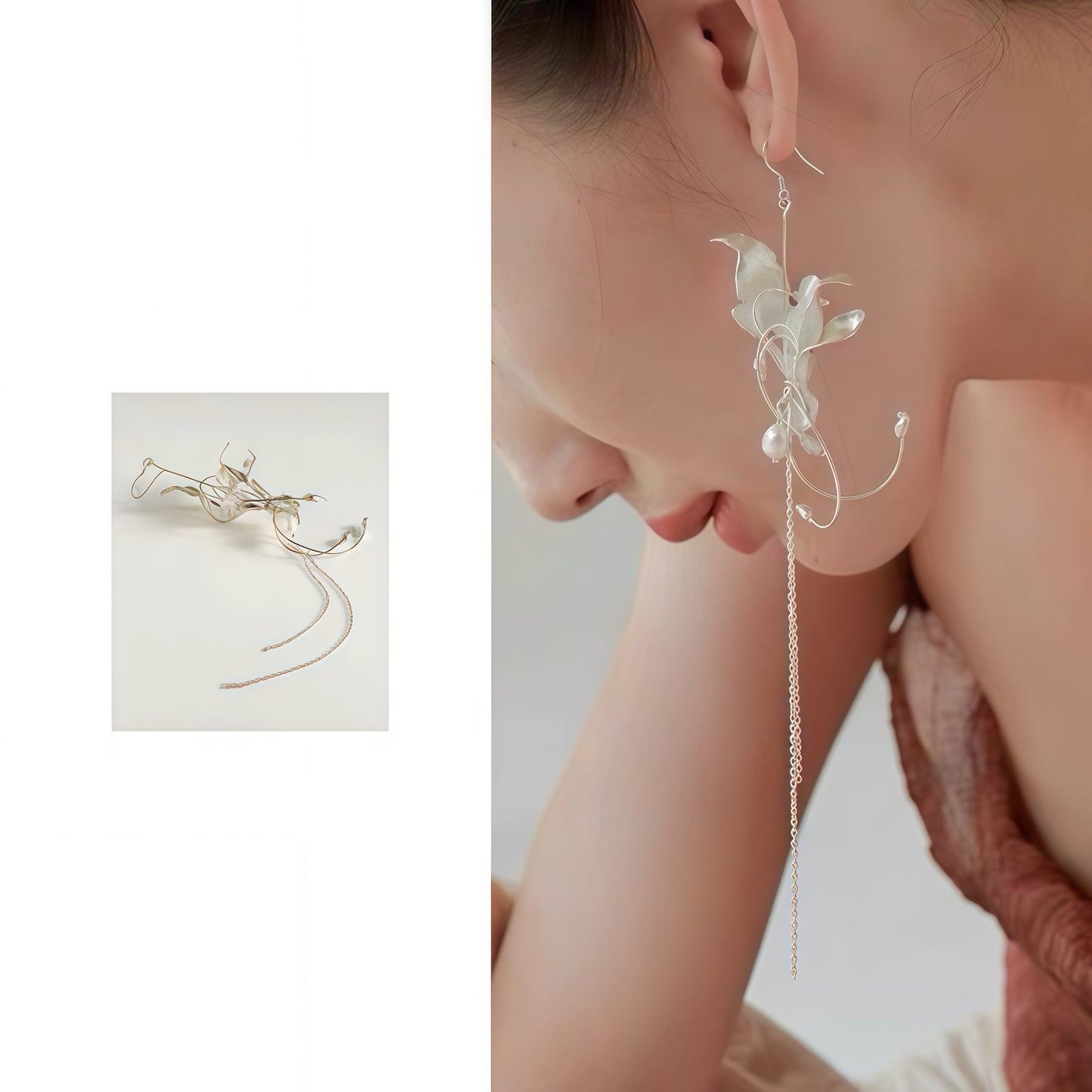 Sculptural Lily Pearl Drop Earrings