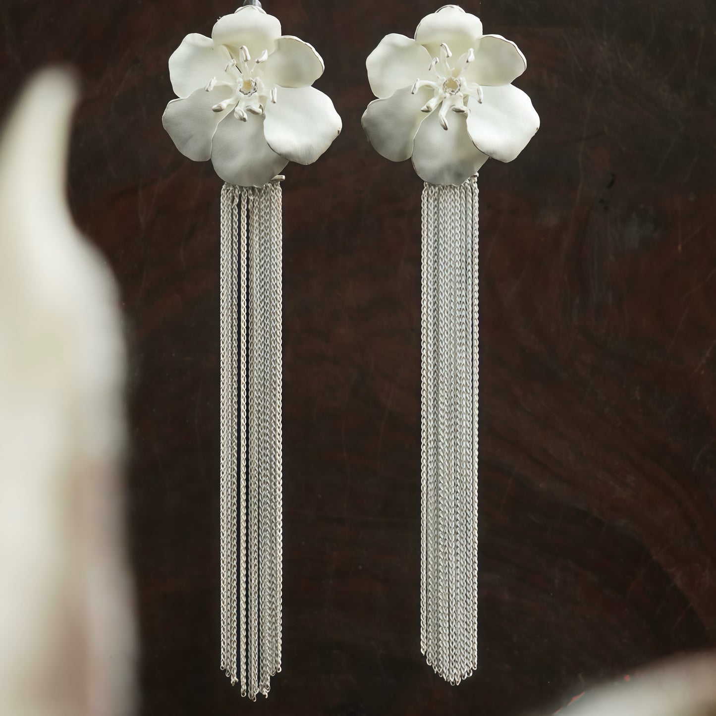 White Blossom Tassel Earrings (2-in-1 Style)