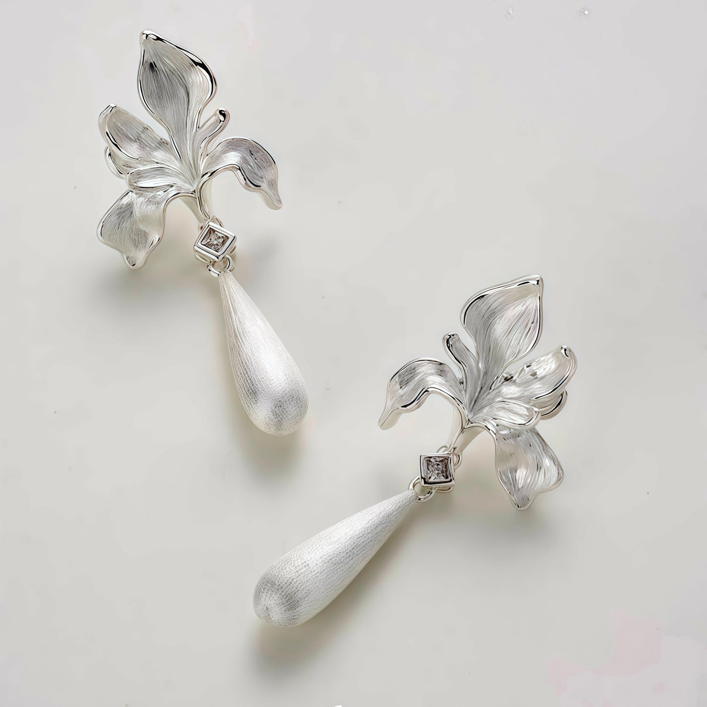 Iris Dew Drop Earrings – Sculpted Silver Floral Earrings
