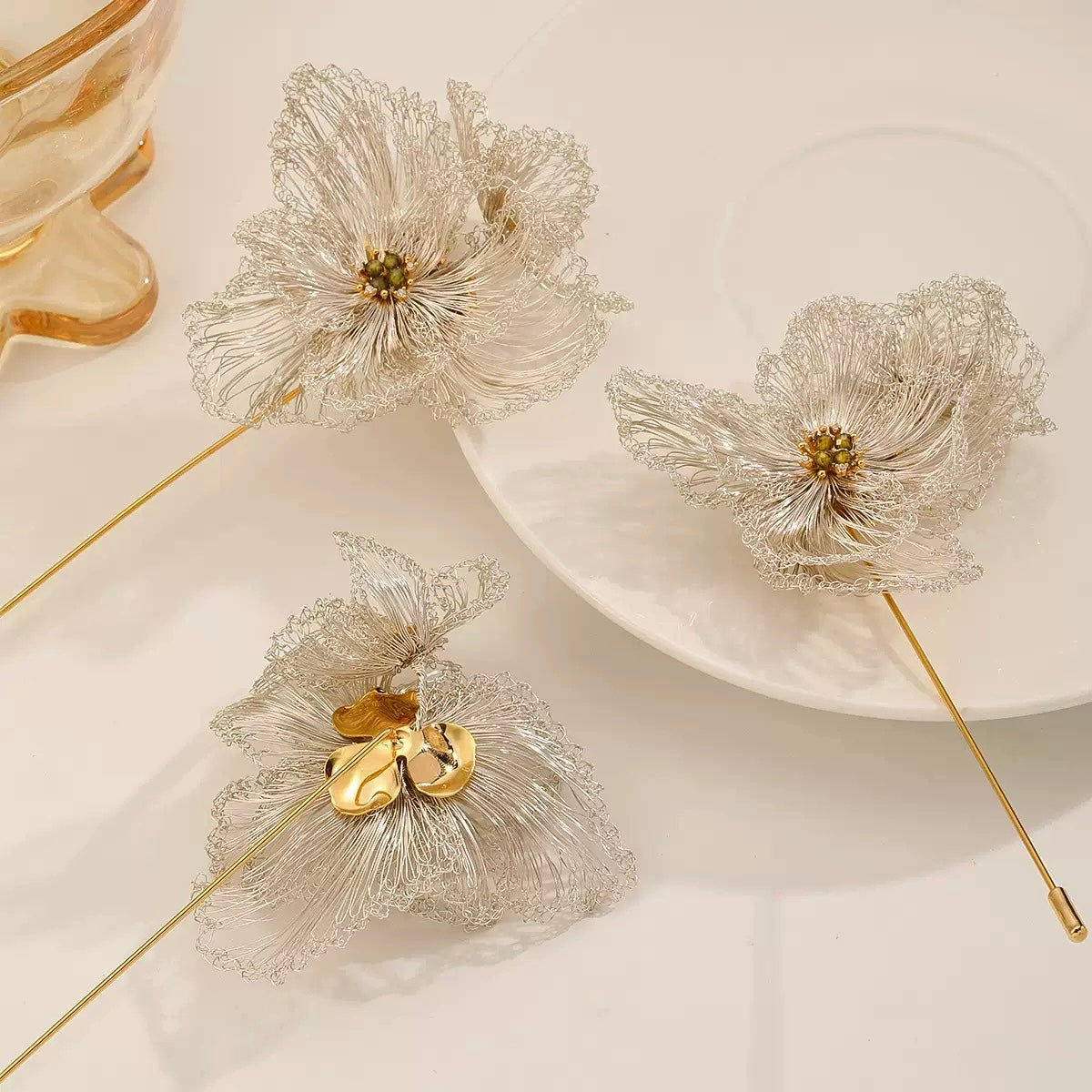 Ethereal Bloom Earrings & Necklace & Brooch — Handmade Filigree Flower Jewelry