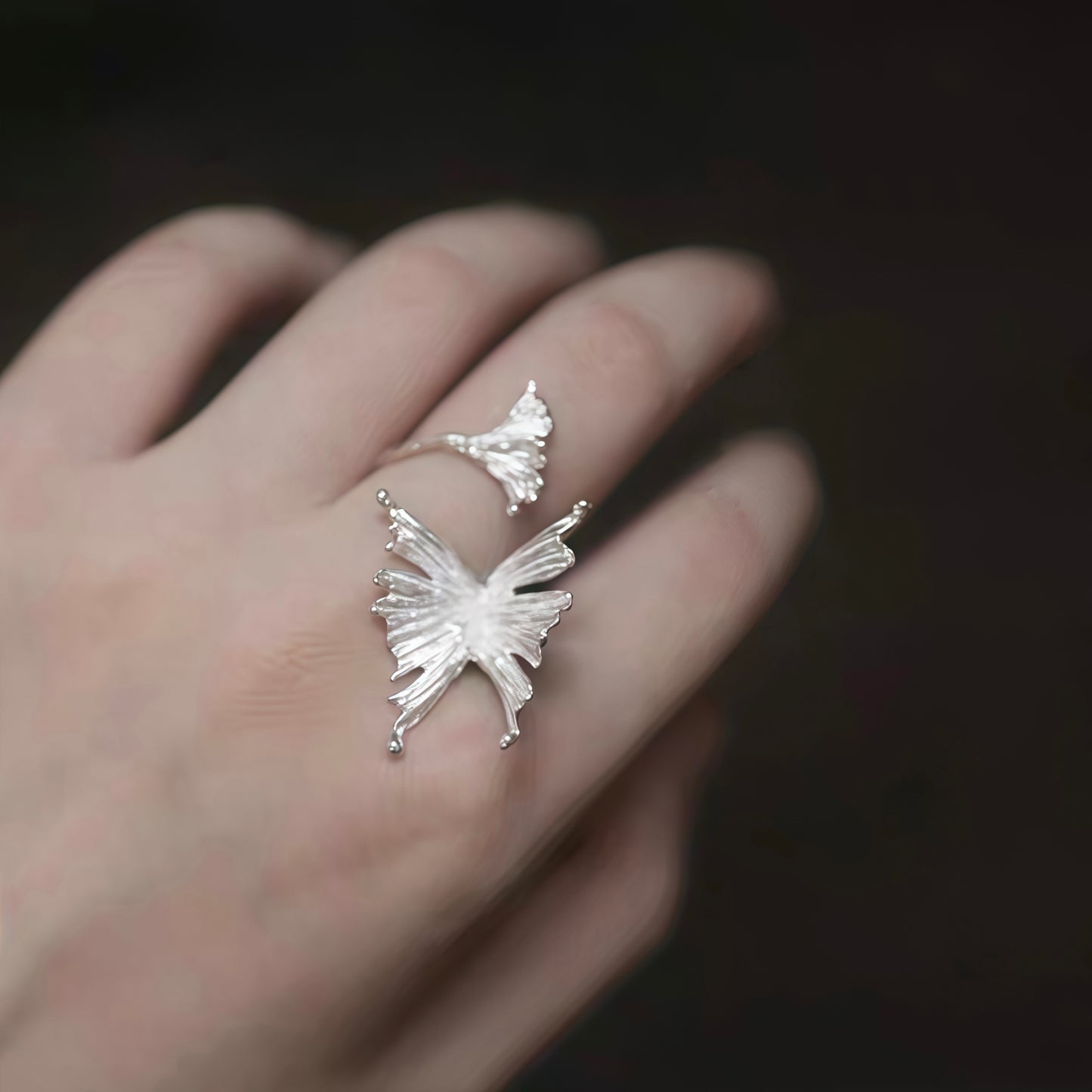 Butterfly & Leaf Adjustable Silver Ring