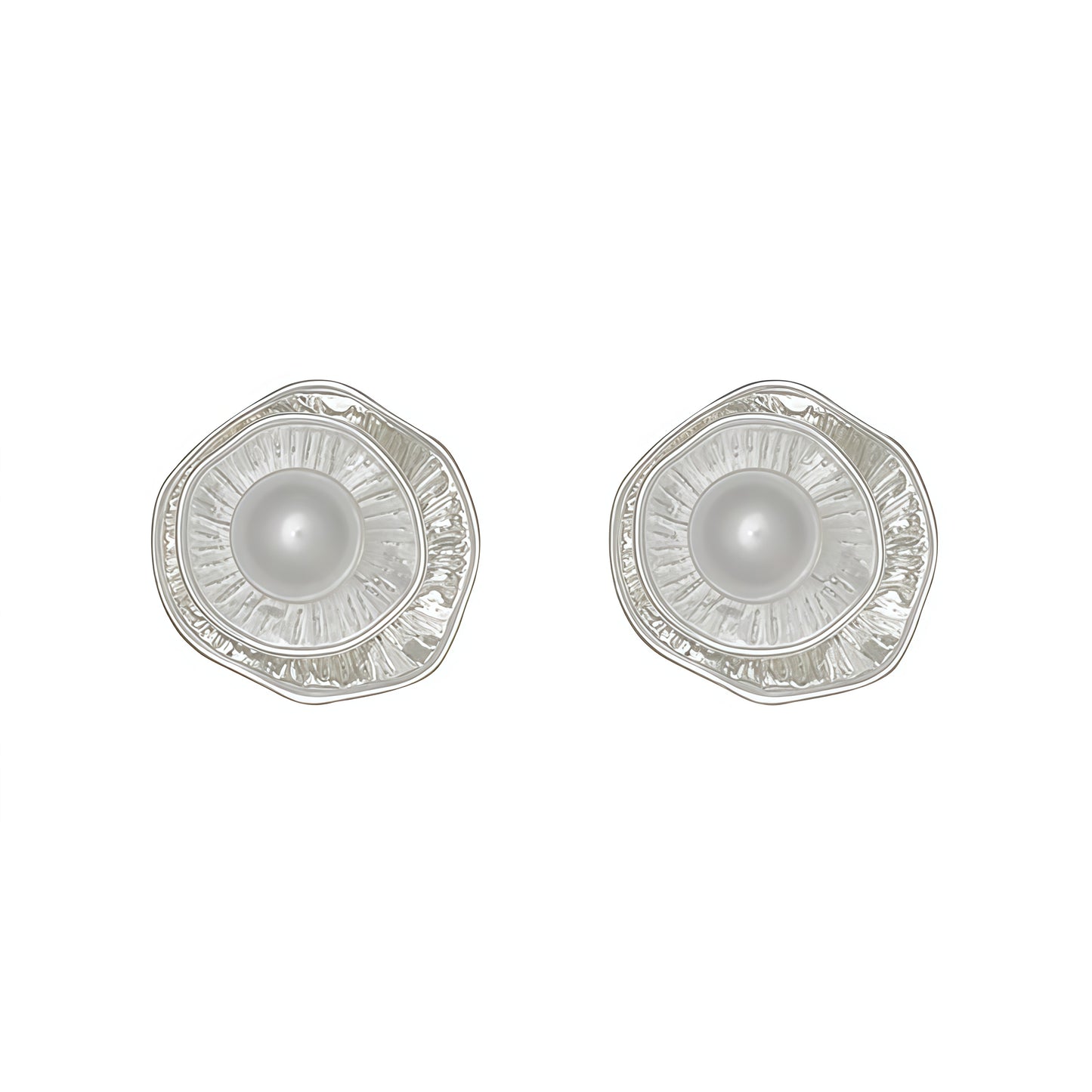 Silver Petal Pearl Stud Earrings – Modern Elegance with Sculptural Detail