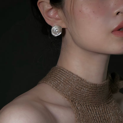 Silver Petal Pearl Stud Earrings
